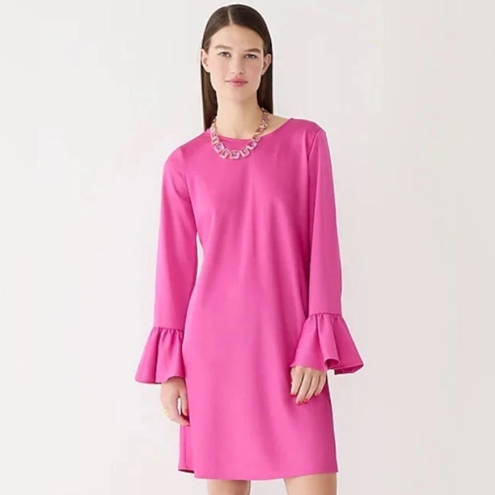 NWT J. Crew Women Pink Shift Dress Ruffle Long Sleeve Crew Neck Satin Crepe Sz 6